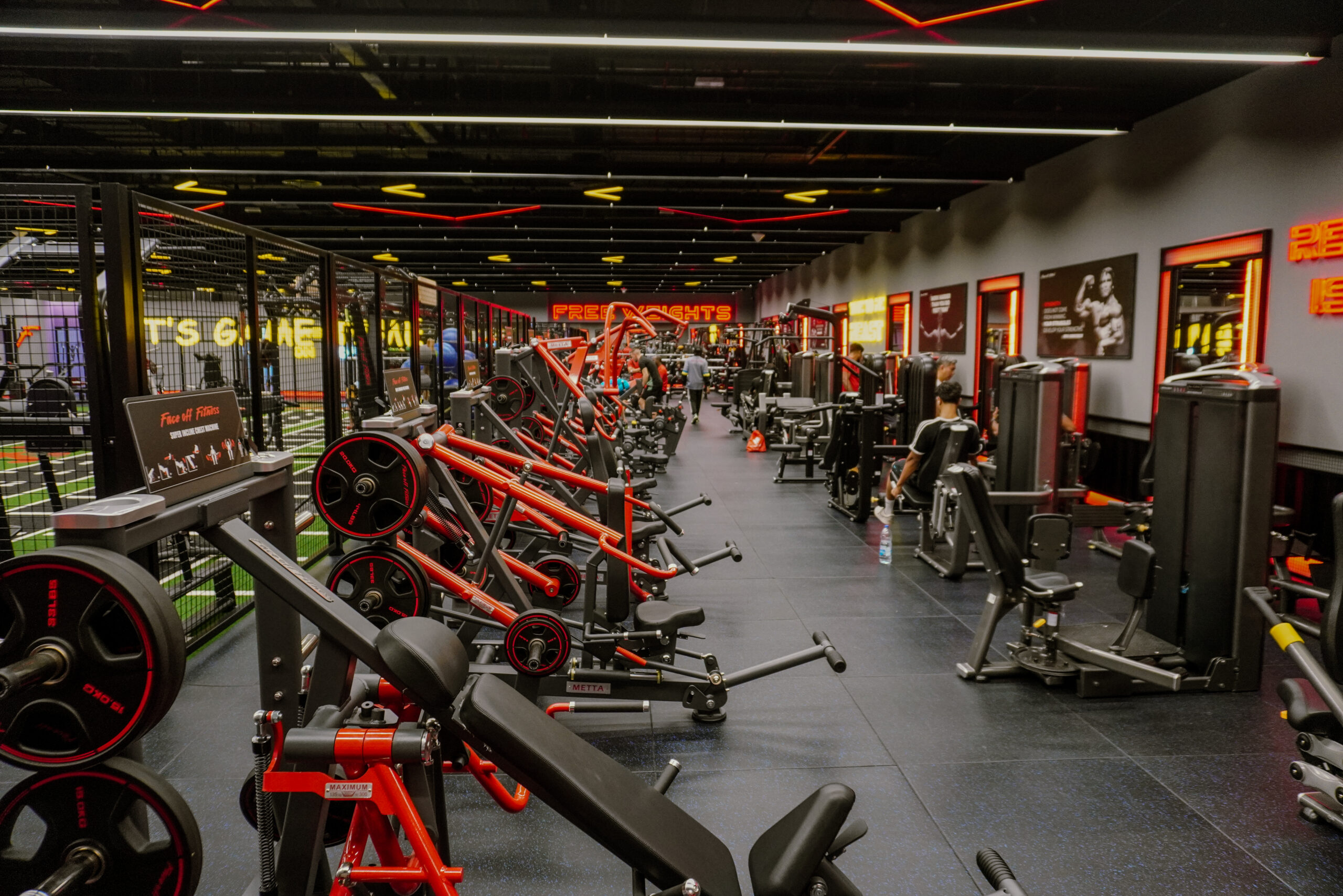 Face Off Fitness Workout Equipment Modern workout equipment at Face Off Fitness gym, including treadmills, weight machines, free weights and more..